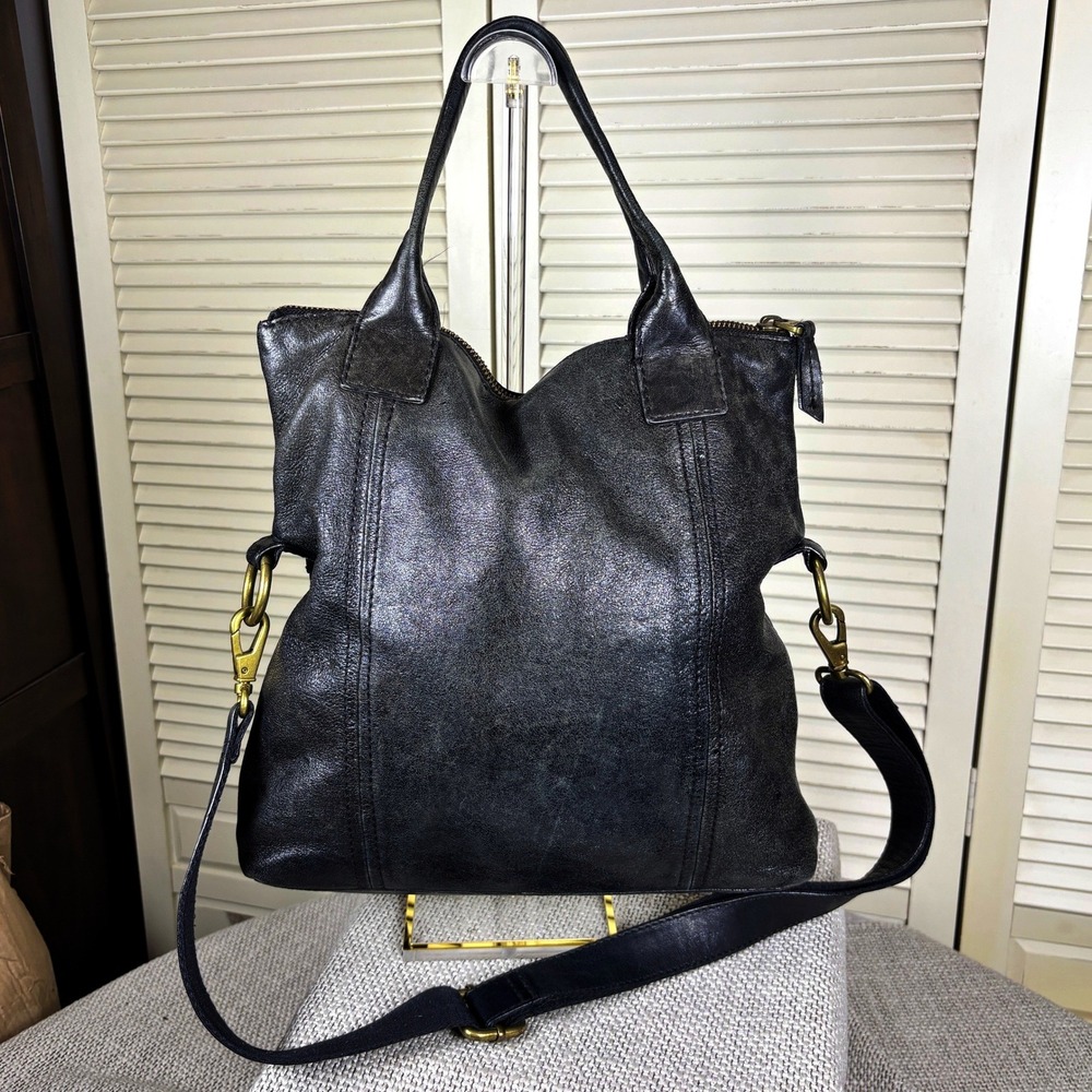 Vintage Y2K Fossil Black Leather Turn Lock Crossbody Tote Shoulder Bag Purse - Picture 3 of 6
